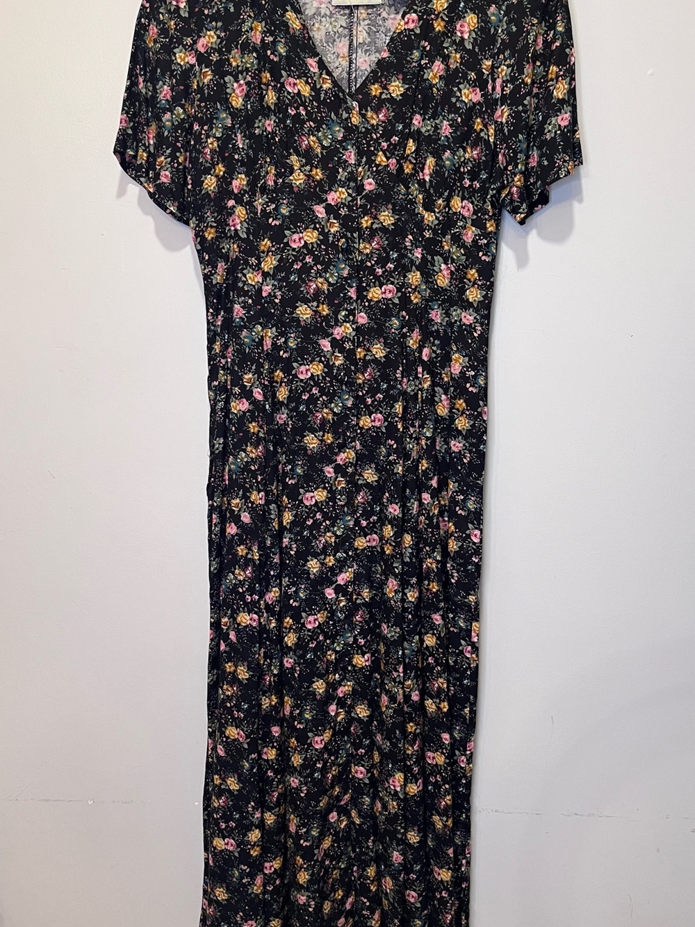 Vintage Pellini Black Floral Dress with Pink & Yellow Blooms